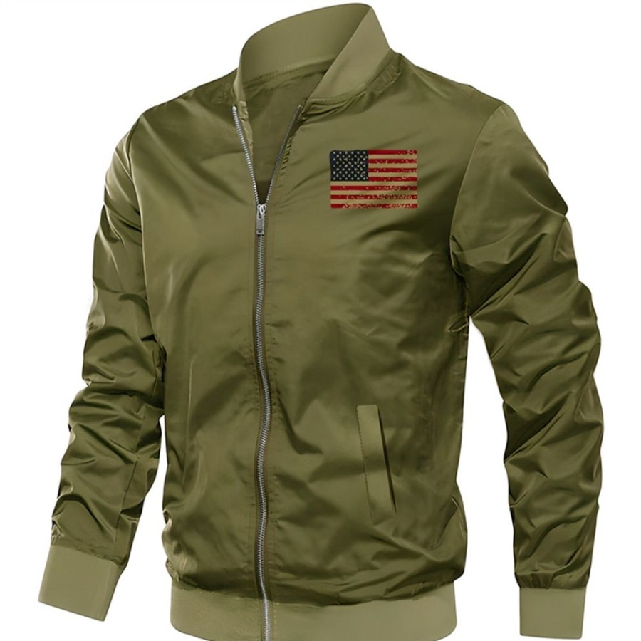 Vetements D'Exterieur Pour Hommes LITB | Drapeau National Retro Vintage Decontractees Homme Bomber Manteau Usage Quotidien Vacances Sortie Automne Hiver Col Mao Manche Longue Xs S M Polyester Veste Vert Veronese