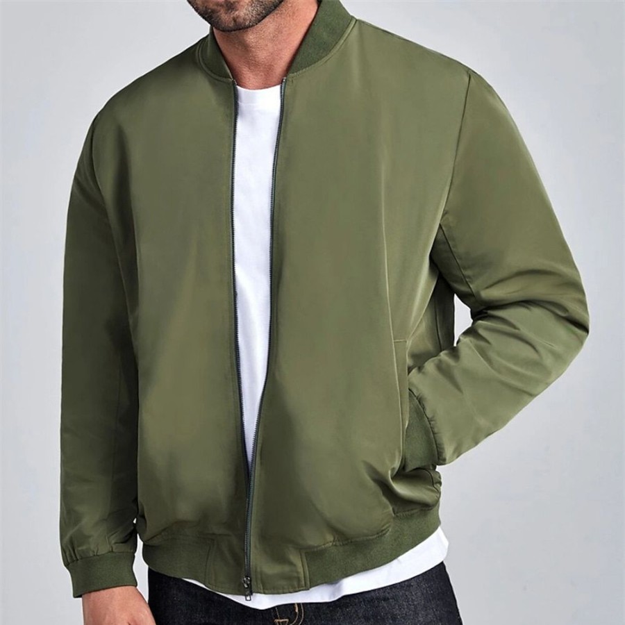 Vetements D'Exterieur Pour Hommes LITB | Drapeau National Retro Vintage Decontractees Homme Bomber Manteau Usage Quotidien Vacances Sortie Automne Hiver Col Mao Manche Longue Xs S M Polyester Veste Vert Veronese