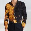 Chemises Pour Hommes LITB | Flamme Abstrait Homme Chemise Usage Quotidien Sortie Automne Hiver Col Rabattu Manche Longue S, M, L Tissu Extensible Dans Les 4 Sens Chemise Jaune