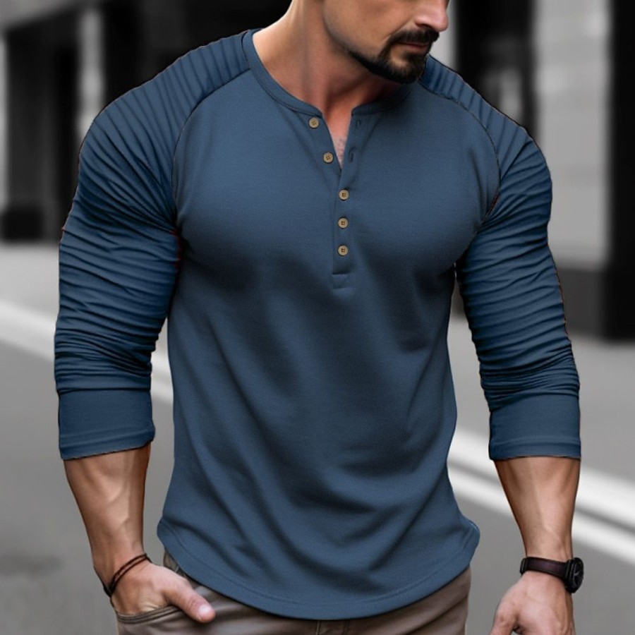 T-Shirts Et Debardeurs Pour Hommes LITB | Homme Chemise Henley Shirt T-Shirt Bloc De Couleur Mince Plisse Henley Plein Air Vacances Manche Longue Patchwork Vetement Tenue Mode Design Basique