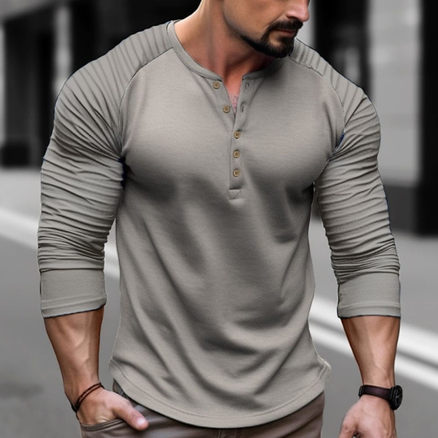 T-Shirts Et Debardeurs Pour Hommes LITB | Homme Chemise Henley Shirt T-Shirt Bloc De Couleur Mince Plisse Henley Plein Air Vacances Manche Longue Patchwork Vetement Tenue Mode Design Basique