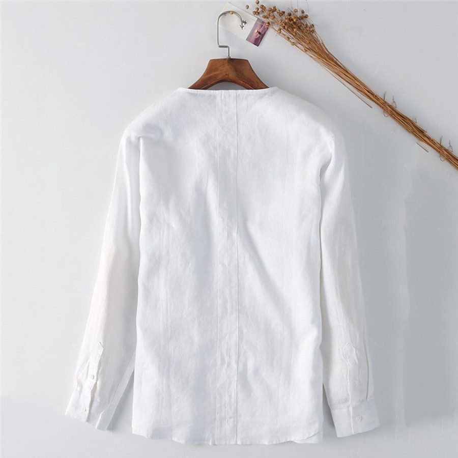 Boutique De Linge LITB | 100% Lin Homme Chemise Chemise Lin Chemise Decontractee Manche Longue Plein Col Ras Du Cou Printemps & Automne Casual Du Quotidien Vetement Tenue Blanche