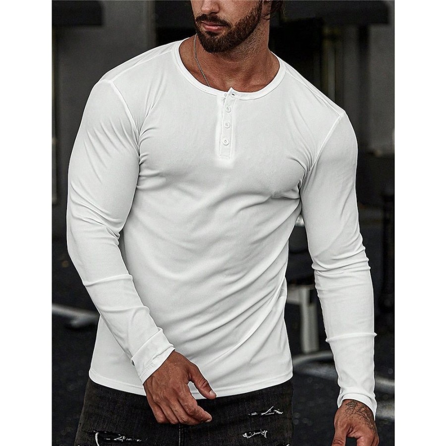 T-Shirts Et Debardeurs Pour Hommes LITB | Homme T Shirt Tee Chemise Henley Shirt T-Shirt Chemise A Manches Longues Plein Henley Plein Air Vacances Manche Longue Vetement Tenue Mode Design Basique Blanche