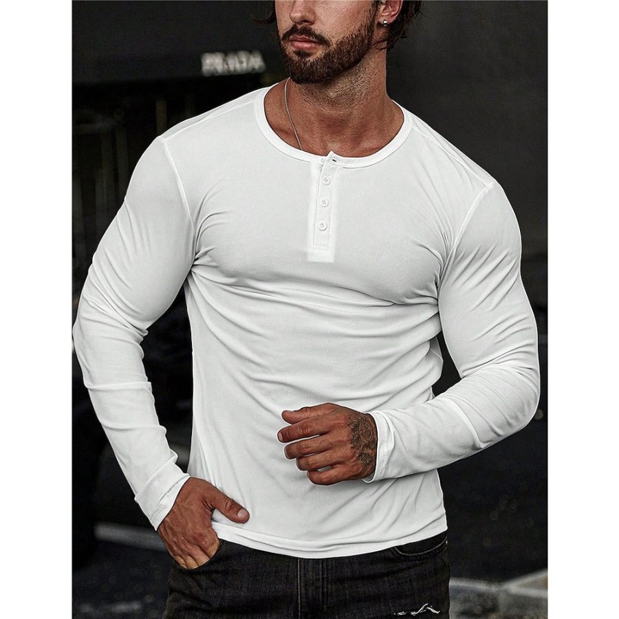 T-Shirts Et Debardeurs Pour Hommes LITB | Homme T Shirt Tee Chemise Henley Shirt T-Shirt Chemise A Manches Longues Plein Henley Plein Air Vacances Manche Longue Vetement Tenue Mode Design Basique Blanche