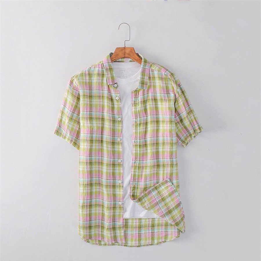 Boutique De Linge LITB | Homme Chemise Chemise Lin Chemise Decontractee Chemisette Chemise D Ete Manche Courte Tartan Revers Ete Casual Du Quotidien Vetement Tenue Bouton Vert