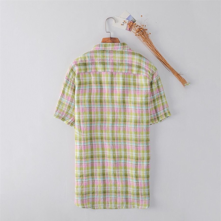 Boutique De Linge LITB | Homme Chemise Chemise Lin Chemise Decontractee Chemisette Chemise D Ete Manche Courte Tartan Revers Ete Casual Du Quotidien Vetement Tenue Bouton Vert