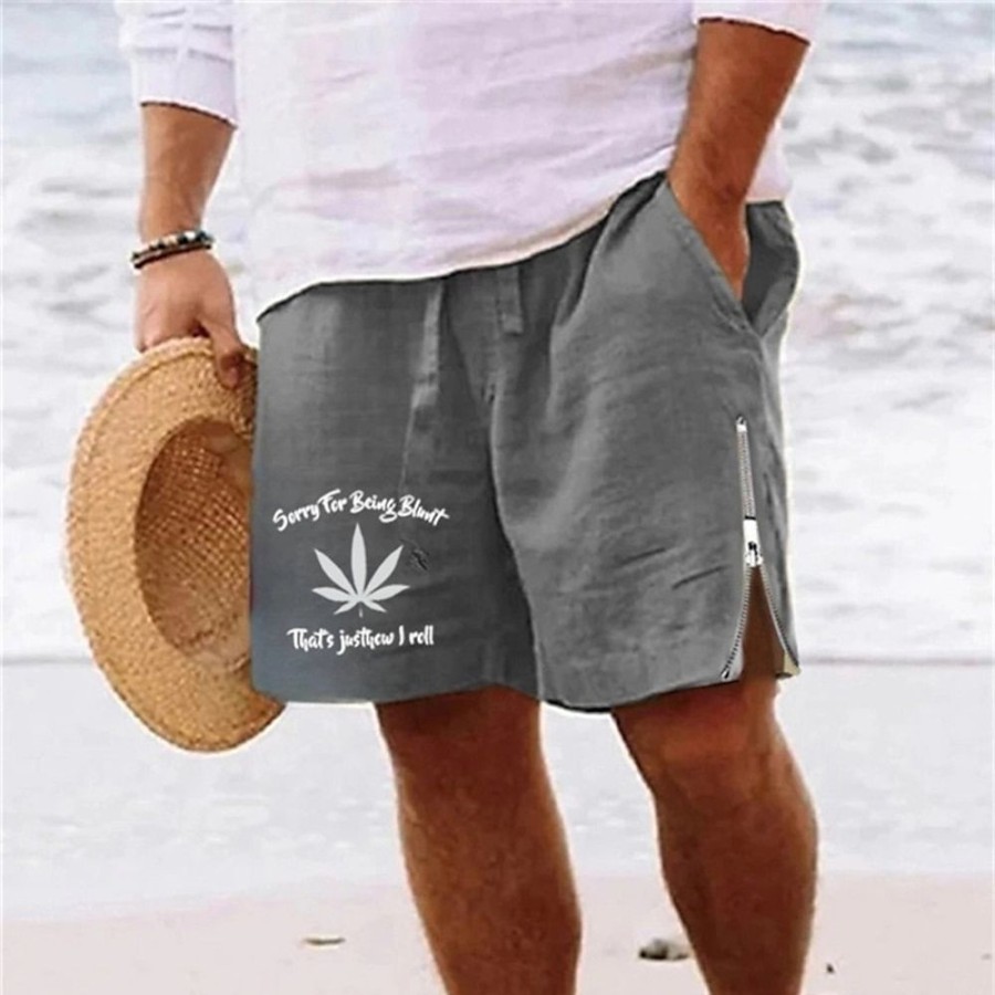 Bas Pour Hommes LITB | Homme Short Short D Ete Short De Plage Imprimer Zippe Cordon Feuille Lettre Confort Respirable Court Du Quotidien Vacances Sortie Melange De Coton Hawaien Decontractees