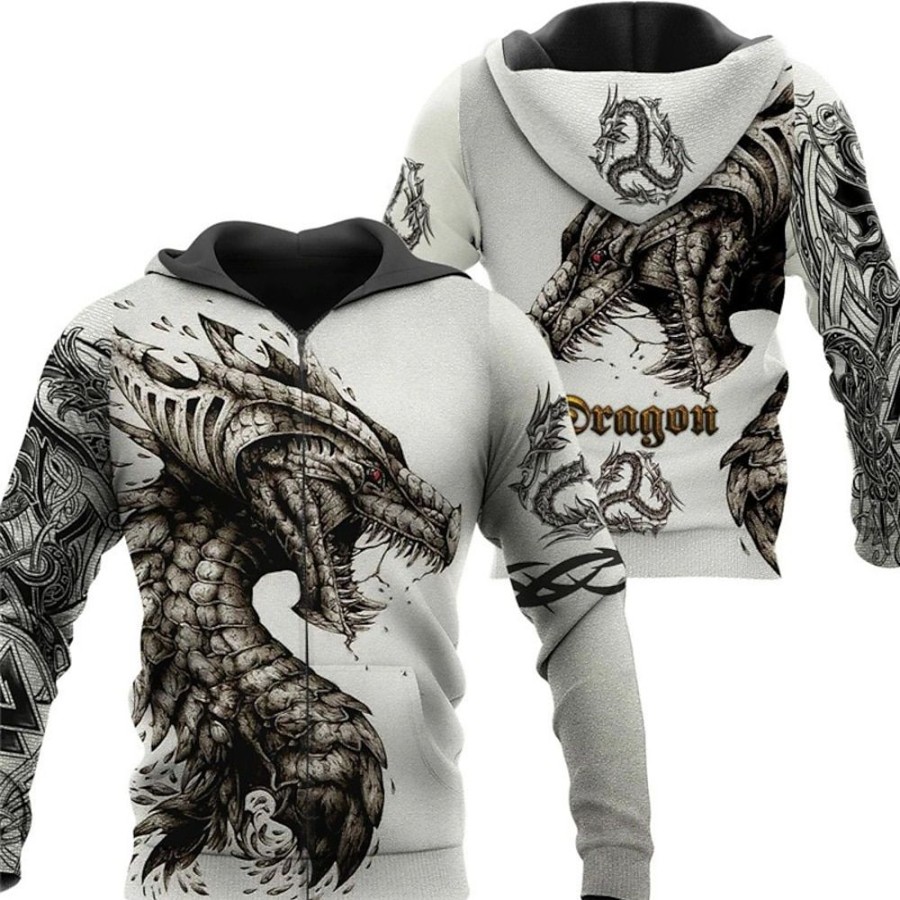 Sweats A Capuche Et Sweat-Shirts LITB | Homme Unisexe Sweat A Capuche Capuche Dragon Imprimes Photos Viking Imprimer Du Quotidien Des Sports 3D Effet Vetement De Rue Design Decontractees Printemps