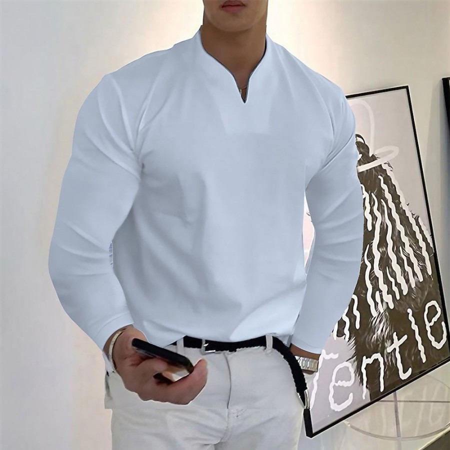 T-Shirts Et Debardeurs Pour Hommes LITB | Homme T Shirt Tee Couleur Pleine Col V Plein Air Des Sports Manches Longues Vetement Tenue Mode Design Casual Confortable