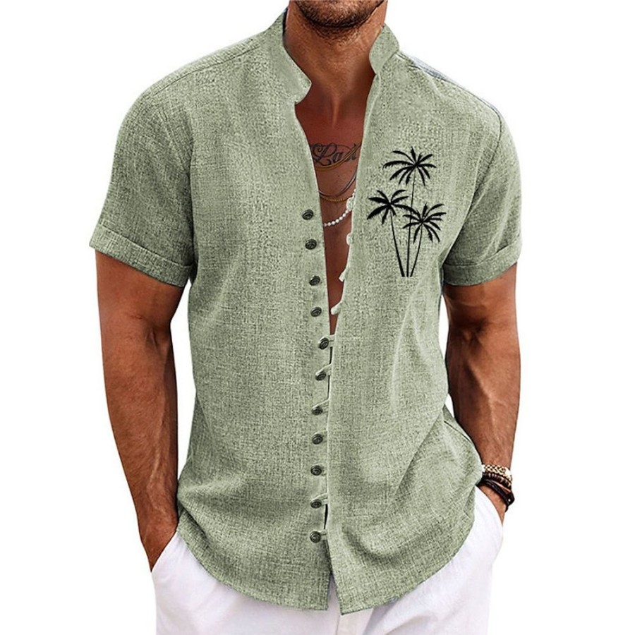 Chemises Pour Hommes LITB | Chemise Palmier Chemise En Lin Graphique Pour Hommes Col Montant De Noix De Coco Exterieur Rue Vetements A Manches Courtes Vetements Arbres Decontractes