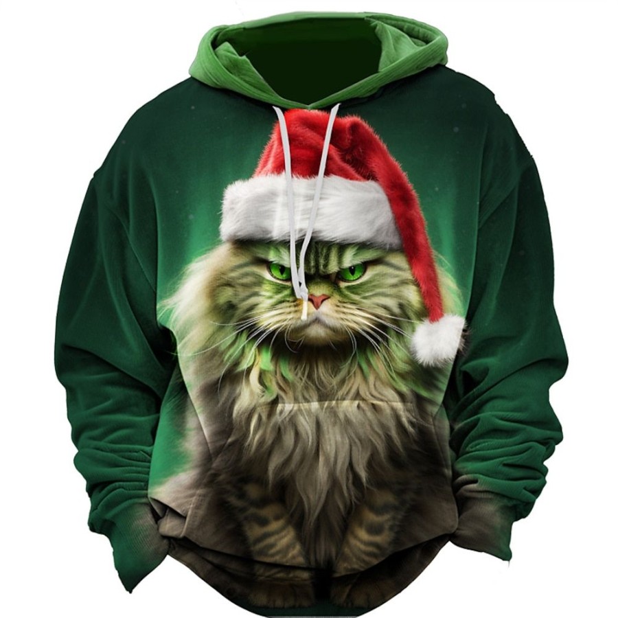 Sweats A Capuche Et Sweat-Shirts LITB | Sweat A Capuche Graphique Pour Hommes, Imprime Chat Du Pere Noel, Classique, Decontracte, Pull 3D, Vacances, Sortie, Rouge, , Printemps& Porter Un Chapeau En Coton Vert Fonce