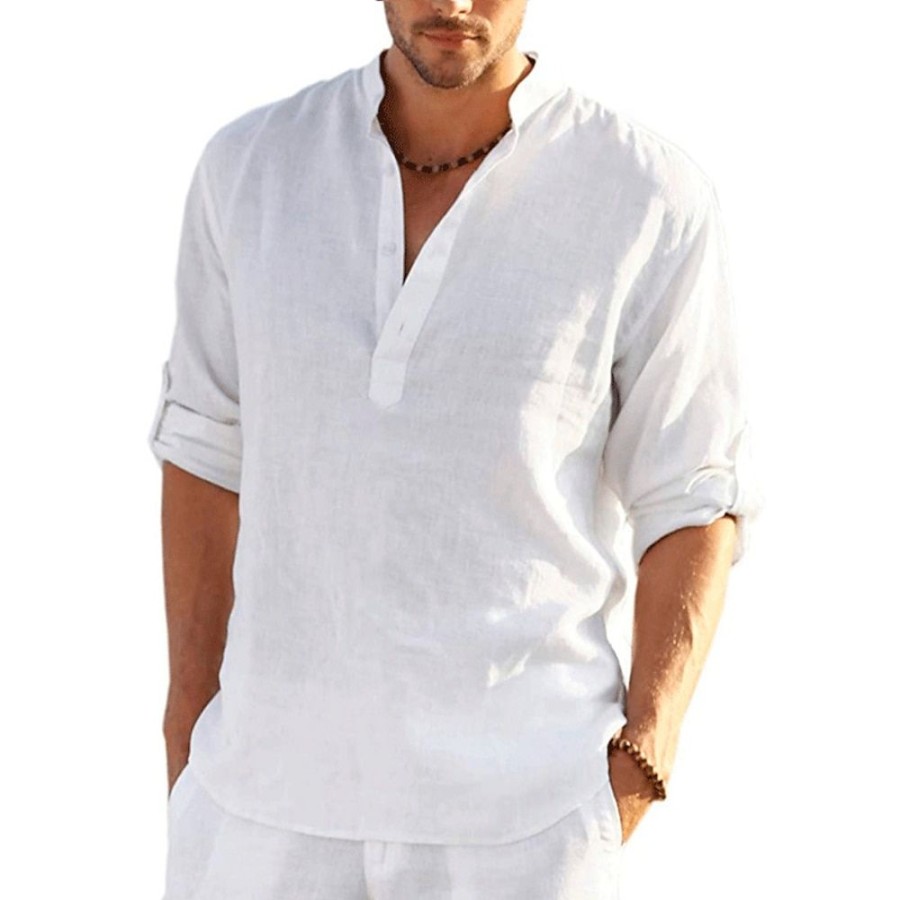 Chemises Pour Hommes LITB | Homme Chemise Chemise Lin Chemise A Enfiler Chemisette Chemise D Ete Chemise De Plage Manche Longue Couleur Unie Henley Ete Printemps Hawaien Vacances Vetement Tenue Bouton Bas