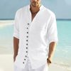 Boutique De Linge LITB | Homme Chemise Chemise Lin Chemisette Chemise D Ete Chemise De Plage Manche Longue Plein Col Printemps Ete Casual Du Quotidien Vetement Tenue