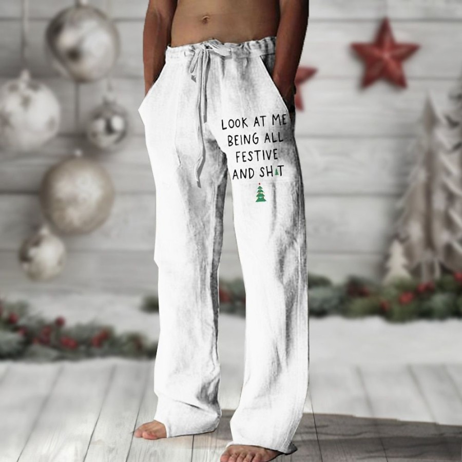 Boutique De Linge LITB | Lettre Arbre De Noel Joyeux Noel Retro Vintage Homme Pantalon Usage Quotidien Vacances Sortie Noel Lin Polyester S M L Taille Mediale Elasticite Pantalon