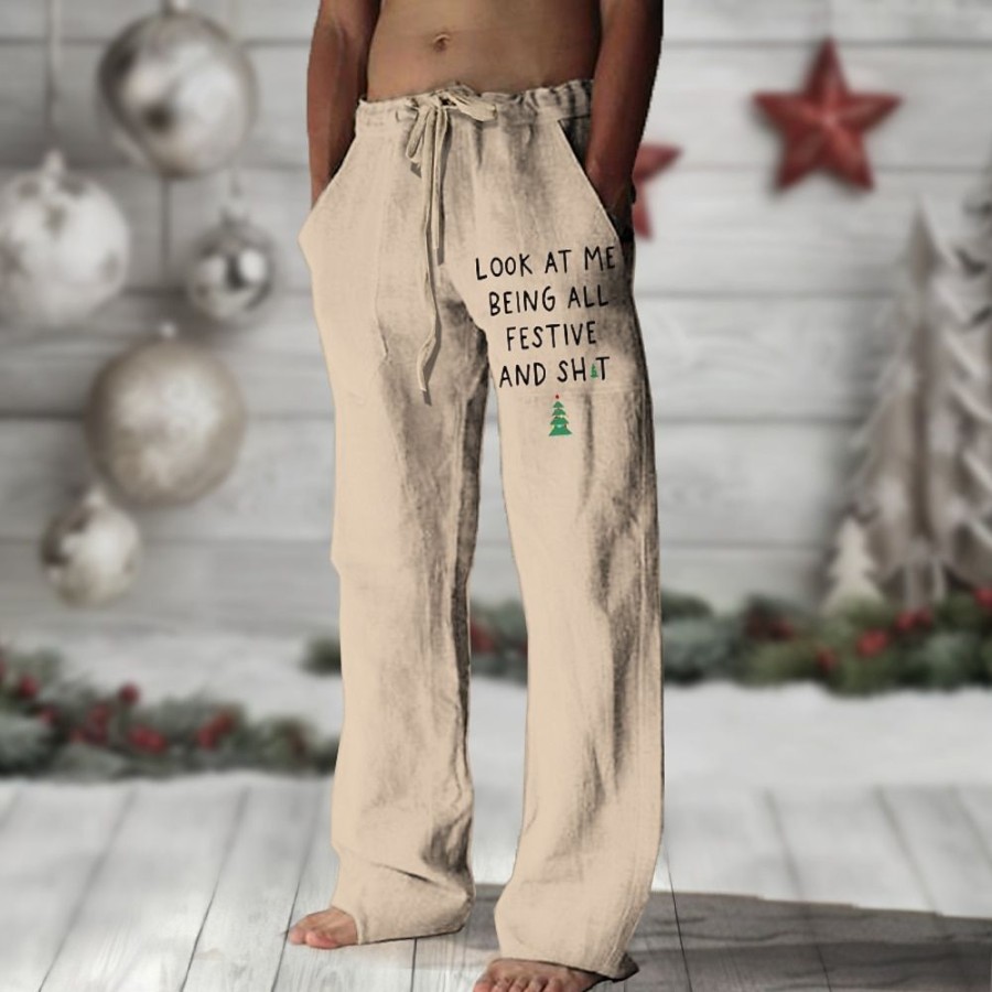 Boutique De Linge LITB | Lettre Arbre De Noel Joyeux Noel Retro Vintage Homme Pantalon Usage Quotidien Vacances Sortie Noel Lin Polyester S M L Taille Mediale Elasticite Pantalon