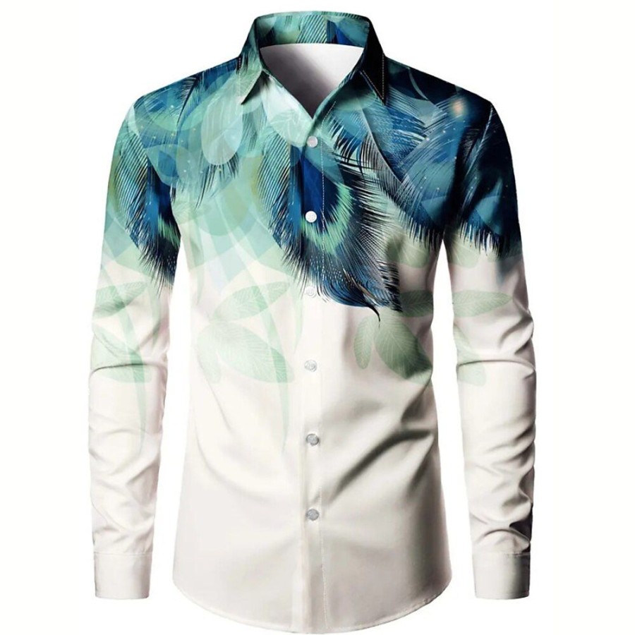 Chemises Pour Hommes LITB | Floral Plume De Paon Decontractees Homme Chemise Exterieur Plein Air Casual Quotidien Automne Hiver Col Rabattu Manche Longue S M L Chemise