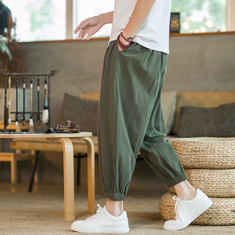 Bas Pour Hommes LITB | Homme Sarouel Pantalon Jogger Pantalon En Lin Pantalon Pantalon Ete Cordon Plein Exterieur Cheville Interieur Casual Du Quotidien Melange De Lin & Coton Chinoiserie Style Folklorique Ample Vert