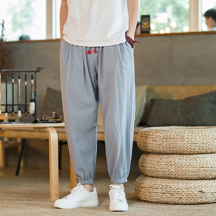 Bas Pour Hommes LITB | Homme Sarouel Pantalon Jogger Pantalon En Lin Pantalon Pantalon Ete Cordon Plein Exterieur Cheville Interieur Casual Du Quotidien Melange De Lin & Coton Chinoiserie Style Folklorique Ample Vert