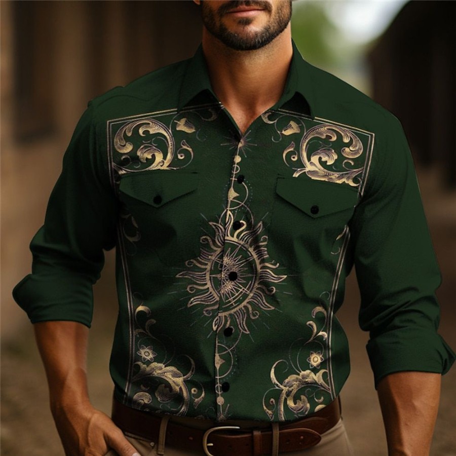 Chemises Pour Hommes LITB | Soleil Totem Retro Vintage Homme Chemise Chemise Western Exterieur Plein Air Casual Quotidien Automne Hiver Col Rabattu Manche Longue S M L Chemise