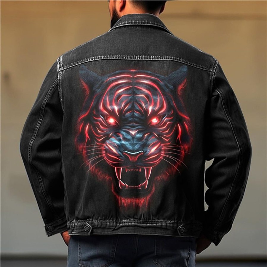 Vetements D'Exterieur Pour Hommes LITB | Animal Tigre Decontractees Homme Manteau Veste Jean Sport & Loisir Sortie Fin De Semaine Automne Hiver Col Rabattu Manche Longue M L Xl Jean Veste