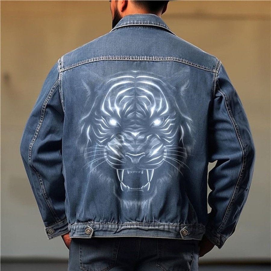 Vetements D'Exterieur Pour Hommes LITB | Animal Tigre Decontractees Homme Manteau Veste Jean Sport & Loisir Sortie Fin De Semaine Automne Hiver Col Rabattu Manche Longue M L Xl Jean Veste