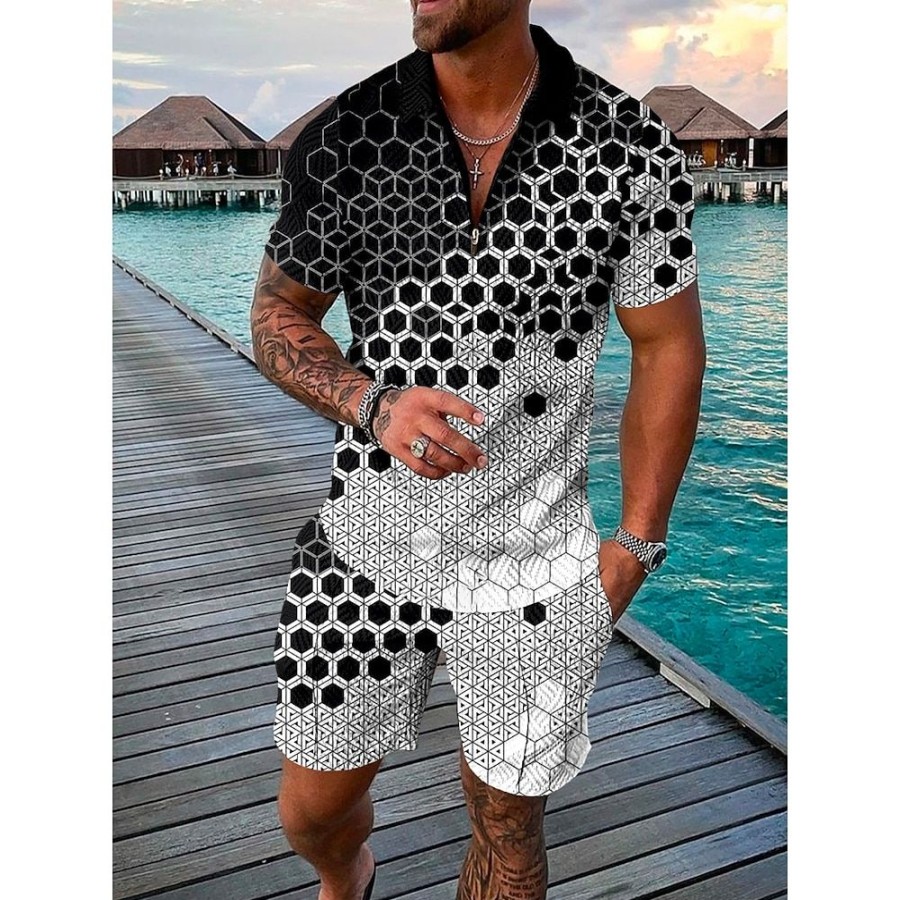 T-Shirts Et Debardeurs Pour Hommes LITB | Homme Polo Ensemble Short Et T-Shirt Zip Mode Design Casual Manches Courtes Floral Print Col Rabattu Zip Casual Du Quotidien Zippe Imprimer Vetements 2 Pieces