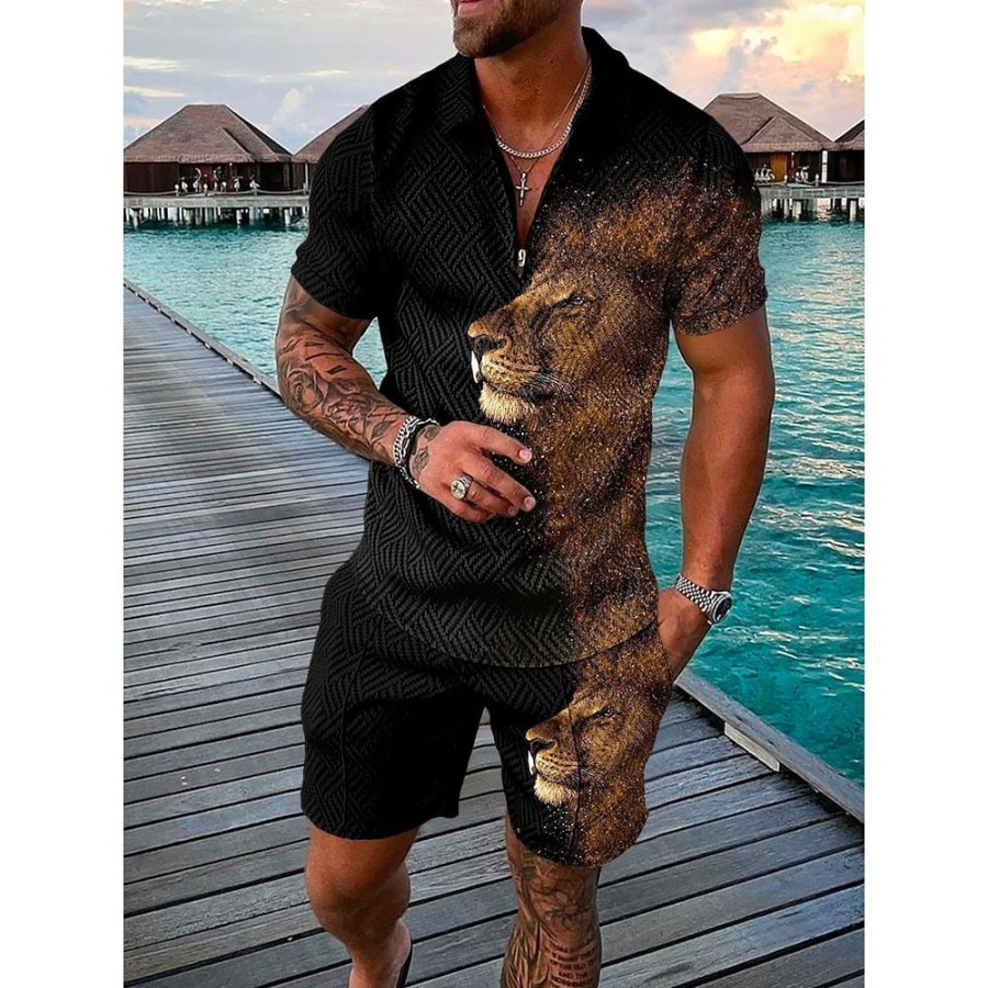 T-Shirts Et Debardeurs Pour Hommes LITB | Homme Polo Ensemble Short Et T-Shirt Zip Mode Design Casual Manches Courtes Floral Print Col Rabattu Zip Casual Du Quotidien Zippe Imprimer Vetements 2 Pieces