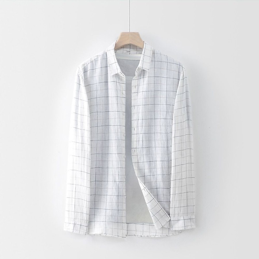 Boutique De Linge LITB | Homme Chemise Chemise Lin Chemise Decontractee Manche Longue Plaid Revers Printemps & Automne Casual Du Quotidien Vetement Tenue Bouton