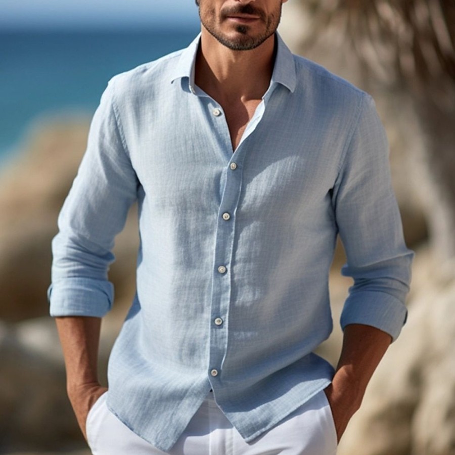 Chemises Pour Hommes LITB | Homme Chemise Chemise Lin Chemise Boutonnee Chemise De Plage Manche Longue Plein Revers Printemps & Automne Casual Du Quotidien Vetement Tenue Bleu