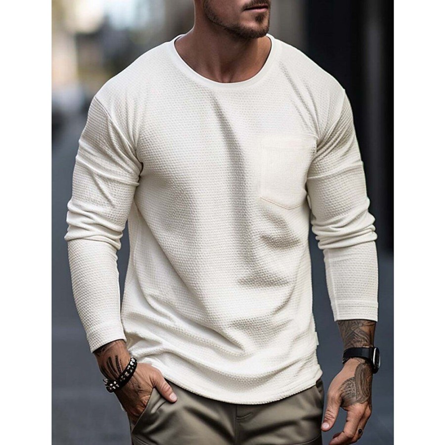 T-Shirts Et Debardeurs Pour Hommes LITB | Homme T Shirt Tee T-Shirt En Tricot Gaufre T-Shirt Chemise A Manches Longues Plein Col Ras Du Cou Plein Air Vacances Manche Longue Poche Vetement Tenue Mode Design Basique