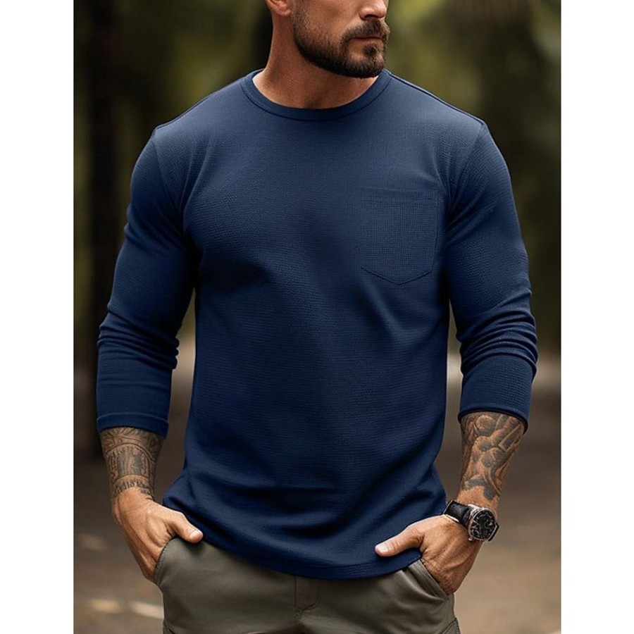 T-Shirts Et Debardeurs Pour Hommes LITB | Homme T Shirt Tee T-Shirt En Tricot Gaufre T-Shirt Chemise A Manches Longues Plein Col Ras Du Cou Plein Air Vacances Manche Longue Poche Vetement Tenue Mode Design Basique