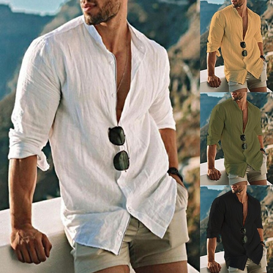 Chemises Pour Hommes LITB | Homme Chemise Chemise Lin Couleur Unie Col V Claire Exterieur Plein Air Manche Longue Bouton Bas Vetement Tenue Mode Design Decontractees Grand Et Grand