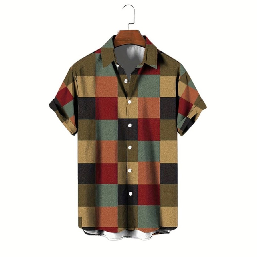 Chemises Pour Hommes LITB | Bloc De Couleur Tartan Colore Decontractees Homme Chemise Usage Quotidien Sortie Fin De Semaine Automne Col Rabattu Manches Courtes S, M, L Tissu Extensible Dans Les 4 Sens Chemise Jaune