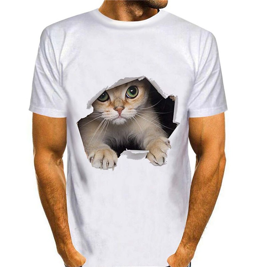 T-Shirts Et Debardeurs Pour Hommes LITB | Chat Dans Le Trou Chemise Graphique Pour Hommes 3D Colore Ete Coton T-Shirt Imprimes D Animaux Col Rond Grande Taille Decontracte Quotidien T-Shirt Court