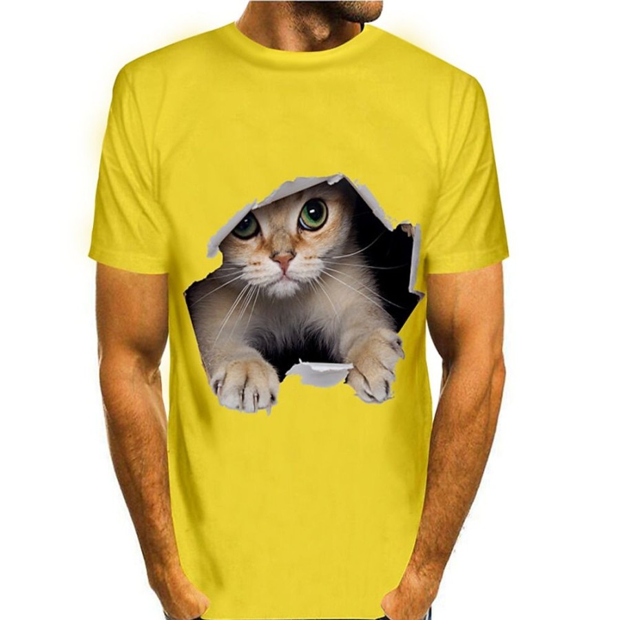 T-Shirts Et Debardeurs Pour Hommes LITB | Chat Dans Le Trou Chemise Graphique Pour Hommes 3D Colore Ete Coton T-Shirt Imprimes D Animaux Col Rond Grande Taille Decontracte Quotidien T-Shirt Court