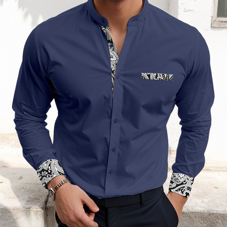 Chemises Pour Hommes LITB | Homme Chemise Chemise Boutonnee Chemise Decontractee Manche Longue Cachemire Bloc De Couleur Col Mao Du Quotidien Vacances Poche Avant Vetement Tenue Decontractees Confortable