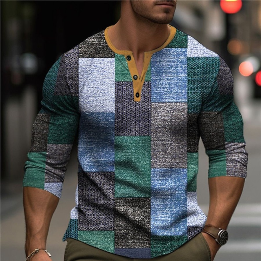 T-Shirts Et Debardeurs Pour Hommes LITB | Graphic Plaid Bloc De Couleur Mode Design Decontractees Homme 3D Effet Chemise Henley Shirt T-Shirt Gaufre Sport Exterieur Vacances Festival T-Shirt Manche Longue Henley Chemise