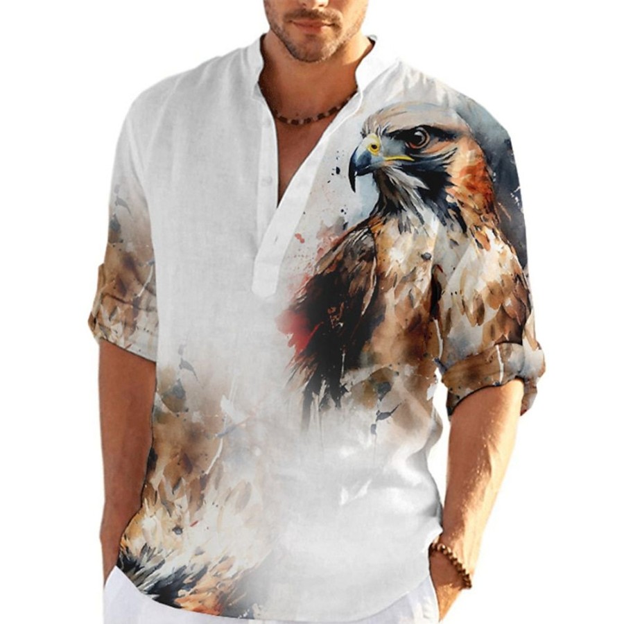 Boutique De Linge LITB | Chemise Pour Homme Chemise En Lin Imprimes Graphiques D Animaux Aigle Col Montant Exterieur Rue Manches Longues Imprime Vetements Vetements Lin Mode Streetwear Designer