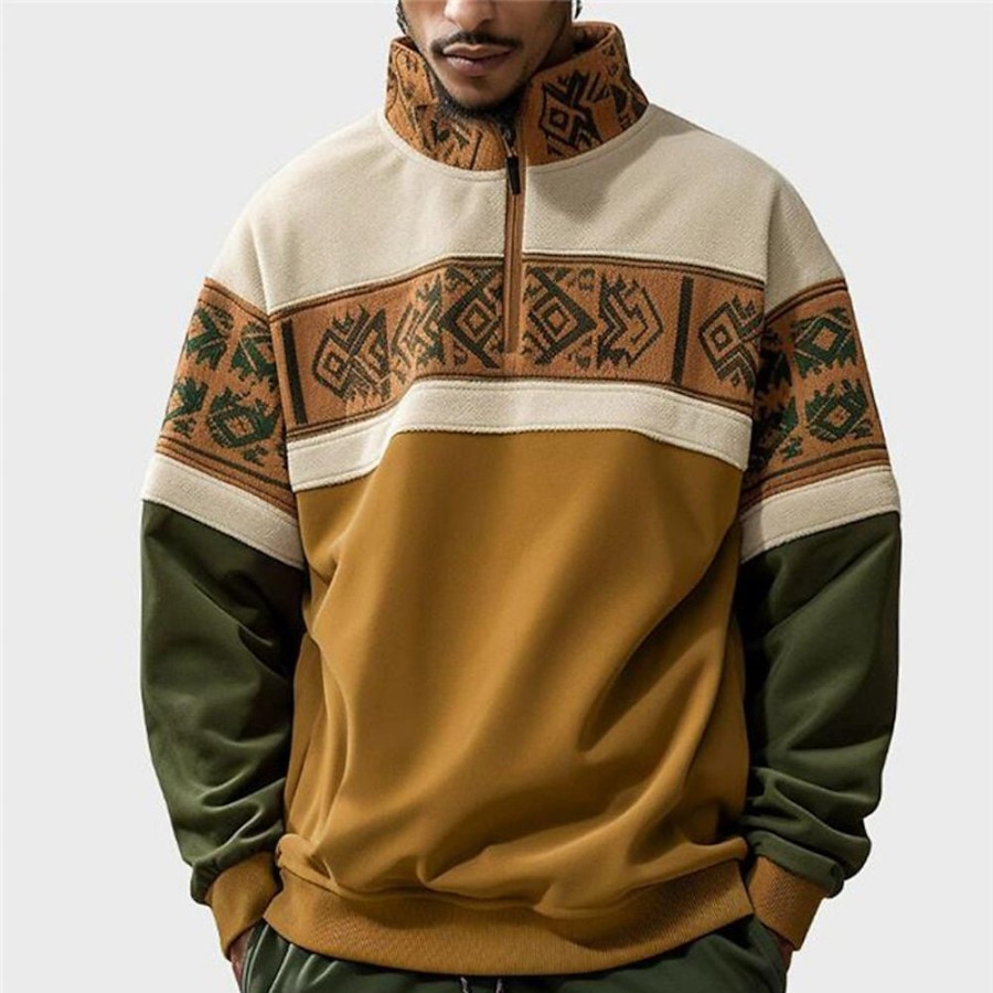 Sweats A Capuche Et Sweat-Shirts LITB | Homme Sweat Shirt Sweat-Shirt Quart De Fermeture Eclair Col Mao Bloc De Couleur Tribal Patchwork Sport & Loisir Du Quotidien Vacances Vetement De Rue Basique Decontractees