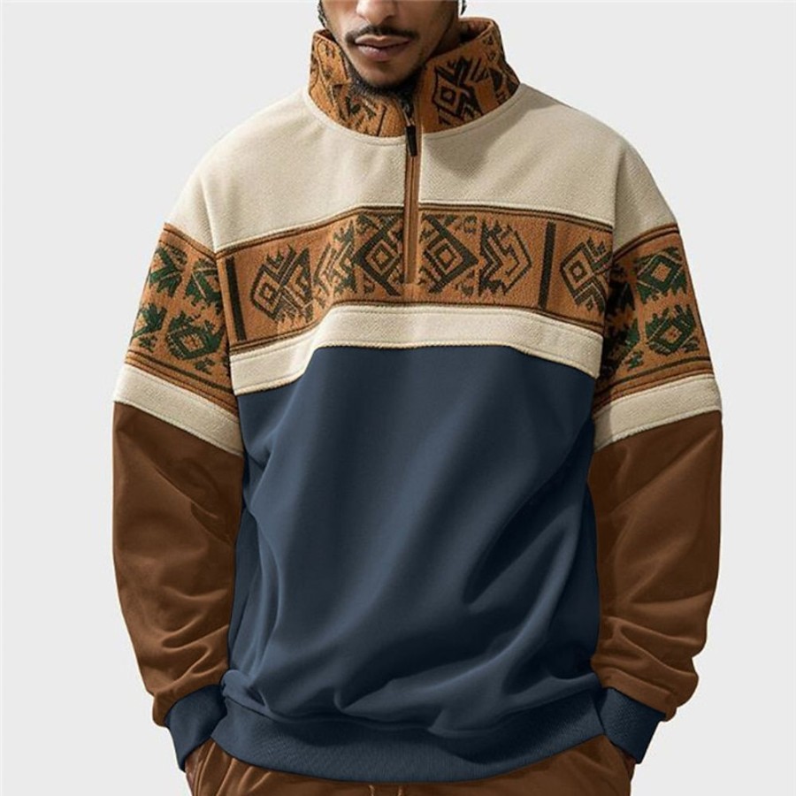 Sweats A Capuche Et Sweat-Shirts LITB | Homme Sweat Shirt Sweat-Shirt Quart De Fermeture Eclair Col Mao Bloc De Couleur Tribal Patchwork Sport & Loisir Du Quotidien Vacances Vetement De Rue Basique Decontractees