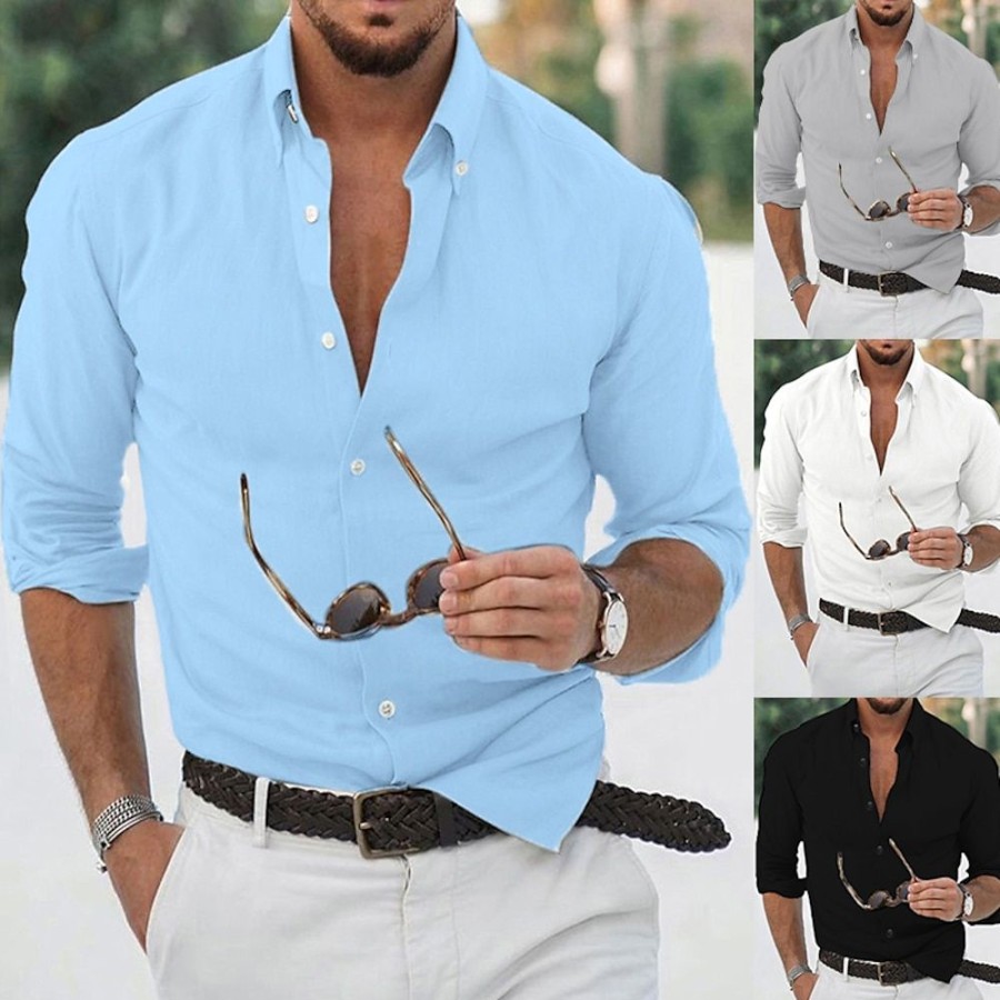 Chemises Pour Hommes LITB | Homme Chemise Couleur Unie Col Rabattu Marine Exterieur Plein Air Manche Longue Bouton Bas Vetement Tenue Mode Decontractees Respirable