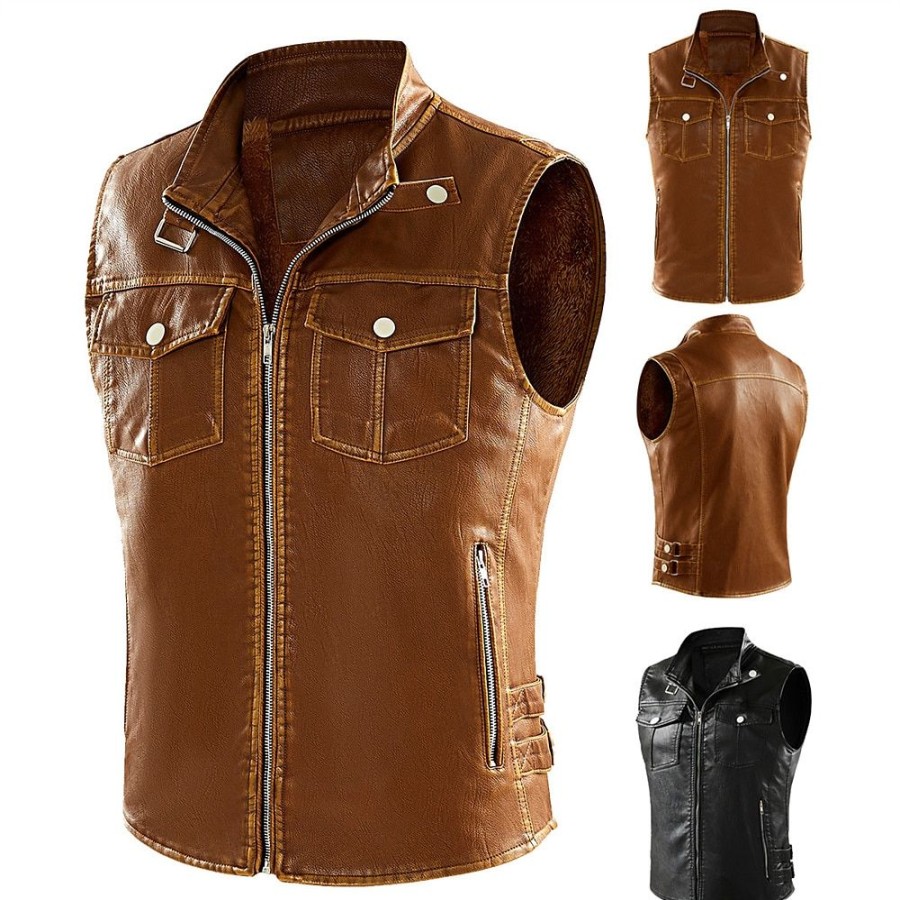 Vetements D'Exterieur Pour Hommes LITB | Homme Gilet En Cuir Exterieur Usage Quotidien Vacances Sortie Mode Basique Automne Hiver Zippe Poche Faux Cuir Chaud Plein Fermeture Eclair Col Mao Standard Gilet