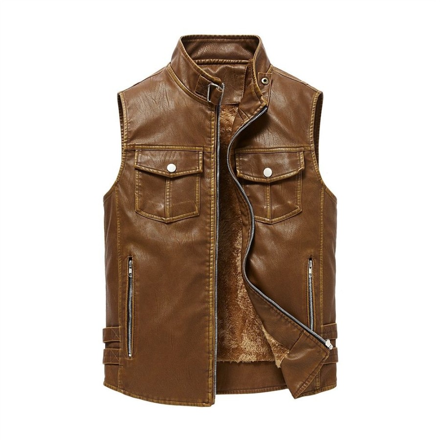 Vetements D'Exterieur Pour Hommes LITB | Homme Gilet En Cuir Exterieur Usage Quotidien Vacances Sortie Mode Basique Automne Hiver Zippe Poche Faux Cuir Chaud Plein Fermeture Eclair Col Mao Standard Gilet