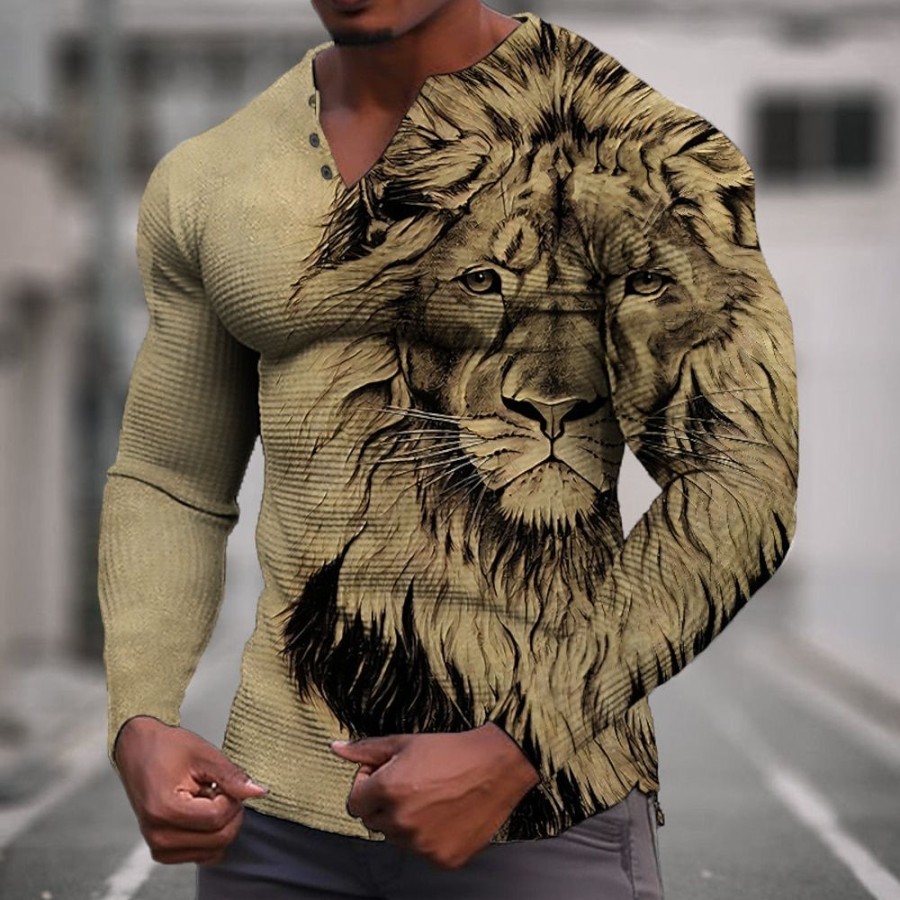 T-Shirts Et Debardeurs Pour Hommes LITB | Graphic Animal Lion Mode Design Decontractees Homme 3D Effet Chemise Henley Shirt T-Shirt Gaufre Sport Exterieur Vacances Festival T-Shirt Manche Longue Henley Chemise Printemps