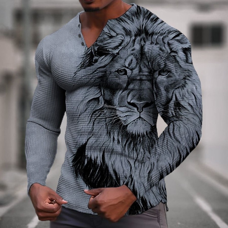 T-Shirts Et Debardeurs Pour Hommes LITB | Graphic Animal Lion Mode Design Decontractees Homme 3D Effet Chemise Henley Shirt T-Shirt Gaufre Sport Exterieur Vacances Festival T-Shirt Manche Longue Henley Chemise Printemps