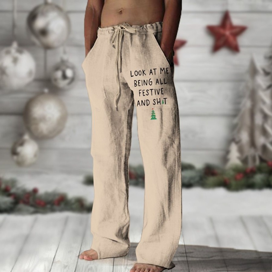 Bas Pour Hommes LITB | Lettre Arbre De Noel Joyeux Noel Retro Vintage Homme Pantalon Usage Quotidien Vacances Sortie Noel Lin Polyester S M L Taille Mediale Elasticite Pantalon