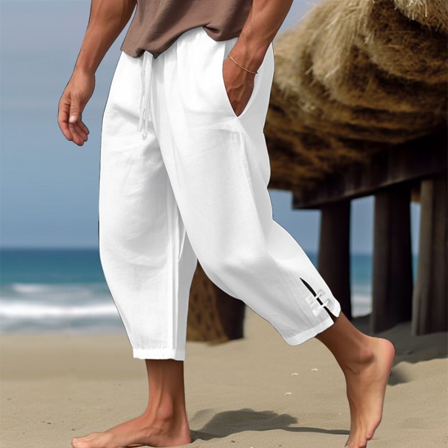 Bas Pour Hommes LITB | Homme Pantalon En Lin Pantalon Ete Pantalon De Plage Pantalons Capri Cordon Taille Elastique Plein Confort Respirable Mollet Casual Du Quotidien Vacances Melange De Lin & Coton Mode Style Classique