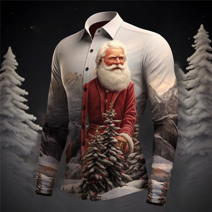 Chemises Pour Hommes LITB | Arbre Du Pere Noel Chemise Decontractee Pour Hommes Vetements Quotidiens Sortir Automne& Chemise D Hiver A Manches Longues Gris + , Fonce, S, M, L Chemise En Tissu Extensible