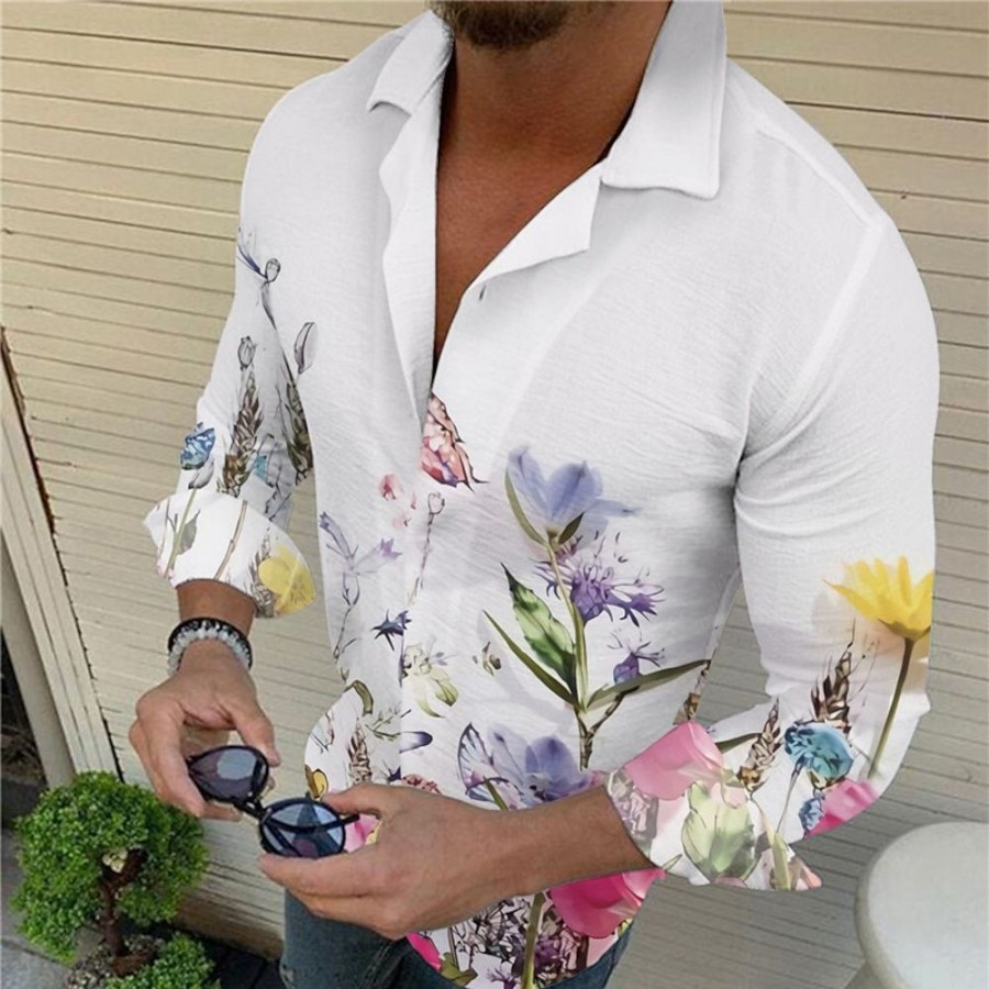 Chemises Pour Hommes LITB | Homme Chemise Graphic Floral Col Rabattu Claire Print Exterieur Casual Manche Longue Bouton Bas Imprimer Vetement Tenue Mode Design Decontractees Confortable