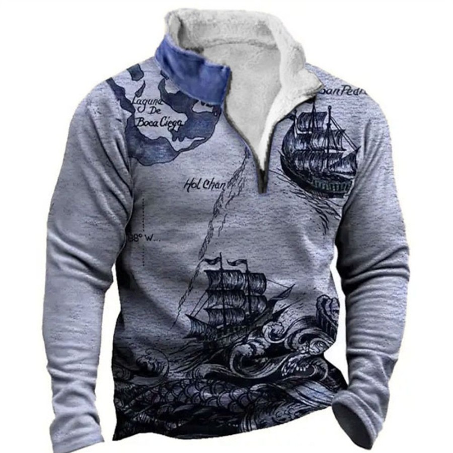 Sweats A Capuche Et Sweat-Shirts LITB | Graphic Bateau Homme Du Quotidien 3D Effet Sweat Shirt Vacances Sortie Vetement De Rue Sweats Manche Longue Quarter Zip Imprimer Toison Automne Hiver Designer Sweat A Capuche